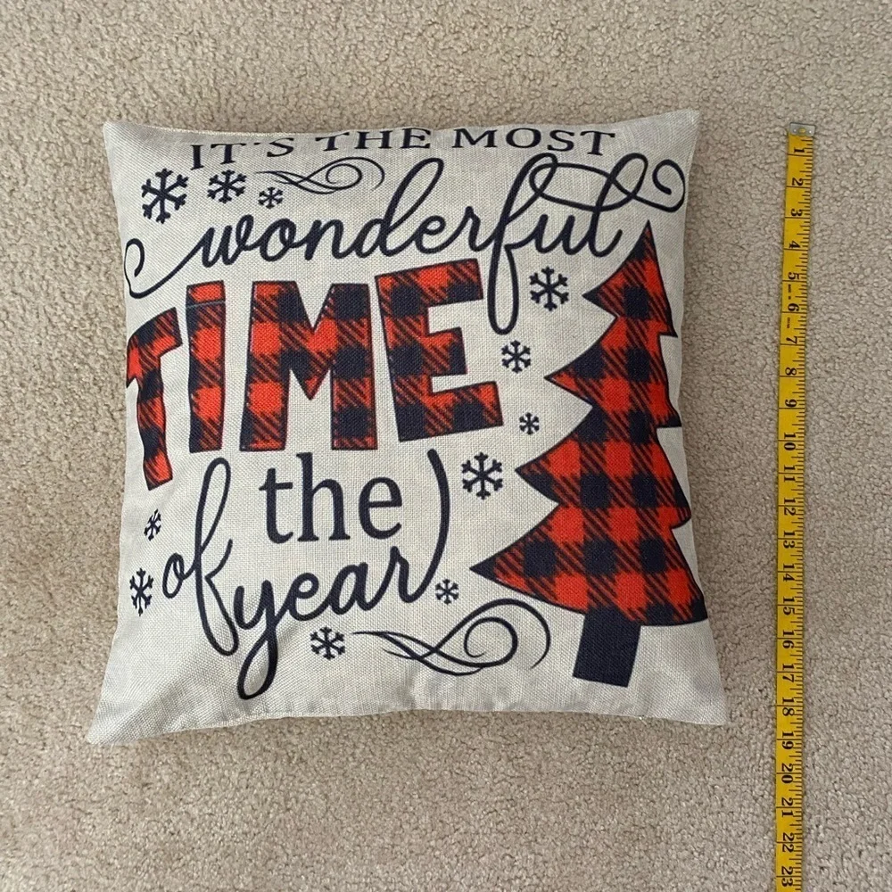 Plaid Christmas Throw Pillow 18x18 – Zippered Cover, Holiday Decor, Snowflakes &